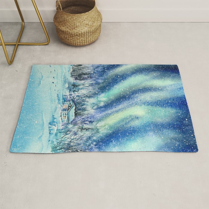 Magical Log Cabin Snowy Northern Lights Forest Landscape Rug Gallery Image 1