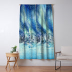 Magical Log Cabin Snowy Northern Lights Forest Landscape Window Curtain Gallery Image 5