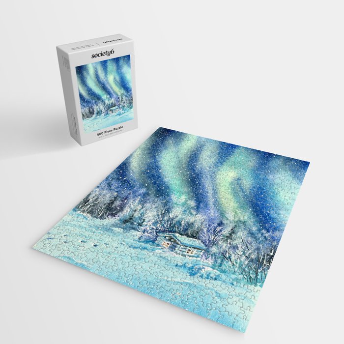 Magical Log Cabin Snowy Northern Lights Forest Landscape Jigsaw Puzzle Gallery Image 2