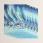 Magical Log Cabin Snowy Northern Lights Forest Landscape Wrapping Paper Gallery Image 3