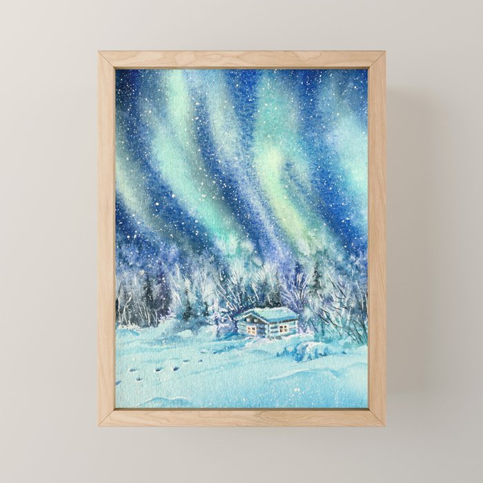 Magical Log Cabin Snowy Northern Lights Forest Landscape Mini Art Print Gallery Image 1
