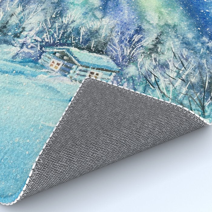 Magical Log Cabin Snowy Northern Lights Forest Landscape Rug Gallery Image 4