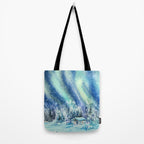 Magical Log Cabin Snowy Northern Lights Forest Landscape Tote Bag Gallery Image 2