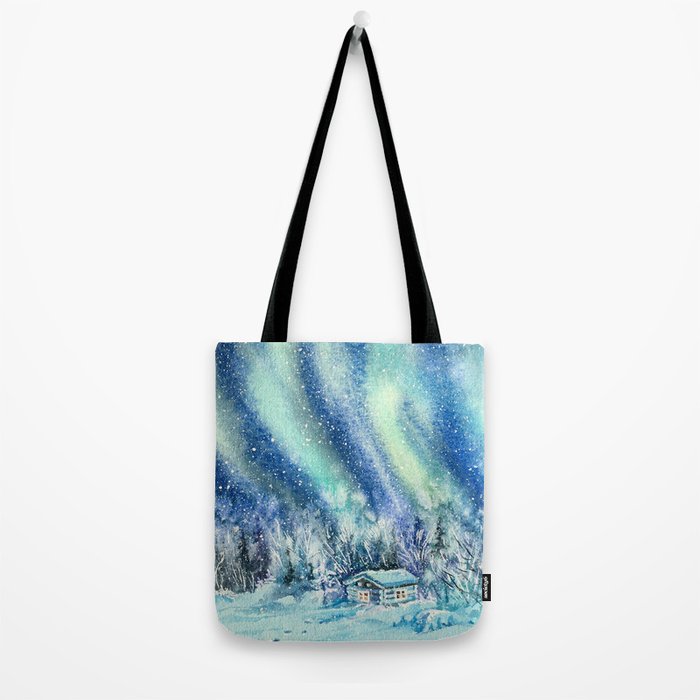Magical Log Cabin Snowy Northern Lights Forest Landscape Tote Bag Gallery Image 2