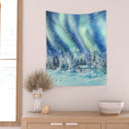 Magical Log Cabin Snowy Northern Lights Forest Landscape Wall Tapestry Gallery Image 2