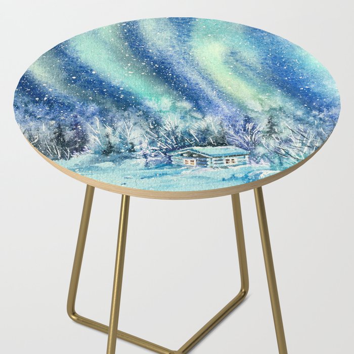 Magical Log Cabin Snowy Northern Lights Forest Landscape Side Table Gallery Image 2