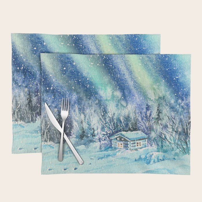 Magical Log Cabin Snowy Northern Lights Forest Landscape Placemat Gallery Image 1