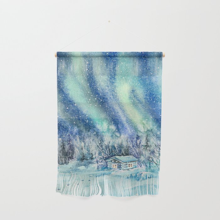 Magical Log Cabin Snowy Northern Lights Forest Landscape Wall Hanging Gallery Image 1