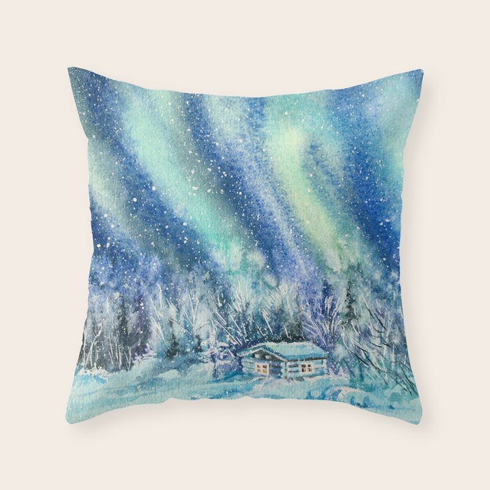 Magical Log Cabin Snowy Northern Lights Forest Landscape Throw Pillow Gallery Image 1