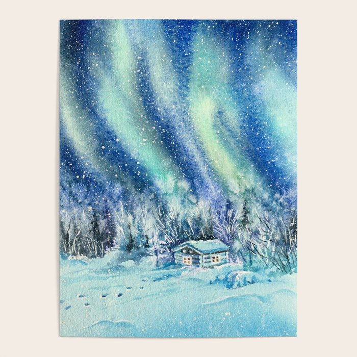 Magical Log Cabin Snowy Northern Lights Forest Landscape Poster Gallery Image 1