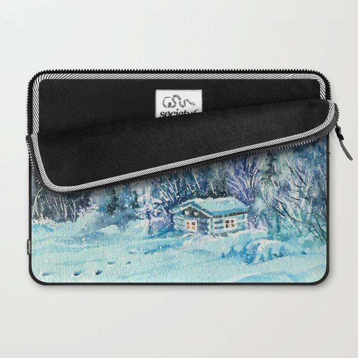 Magical Log Cabin Snowy Northern Lights Forest Landscape Laptop Sleeve Gallery Image 2