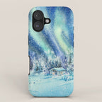 Magical Log Cabin Snowy Northern Lights Forest Landscape iPhone Case Gallery Image 1