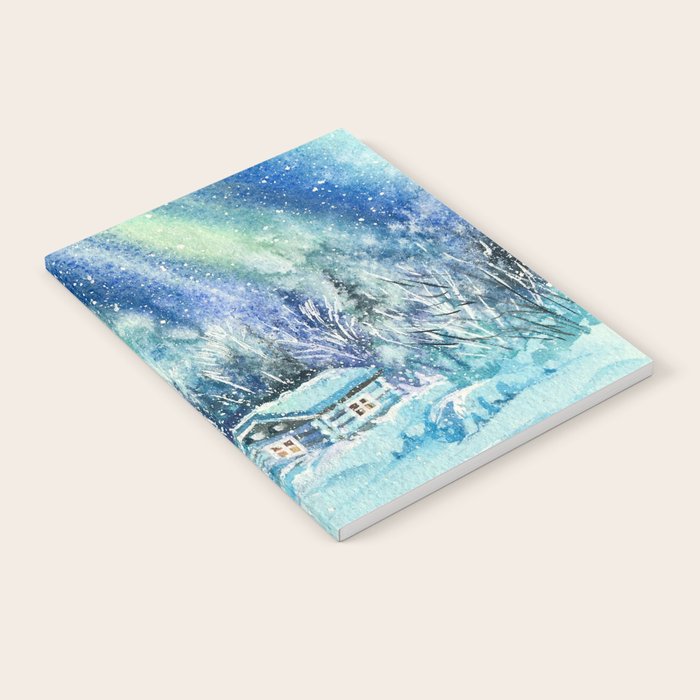 Magical Log Cabin Snowy Northern Lights Forest Landscape Notebook Gallery Image 1