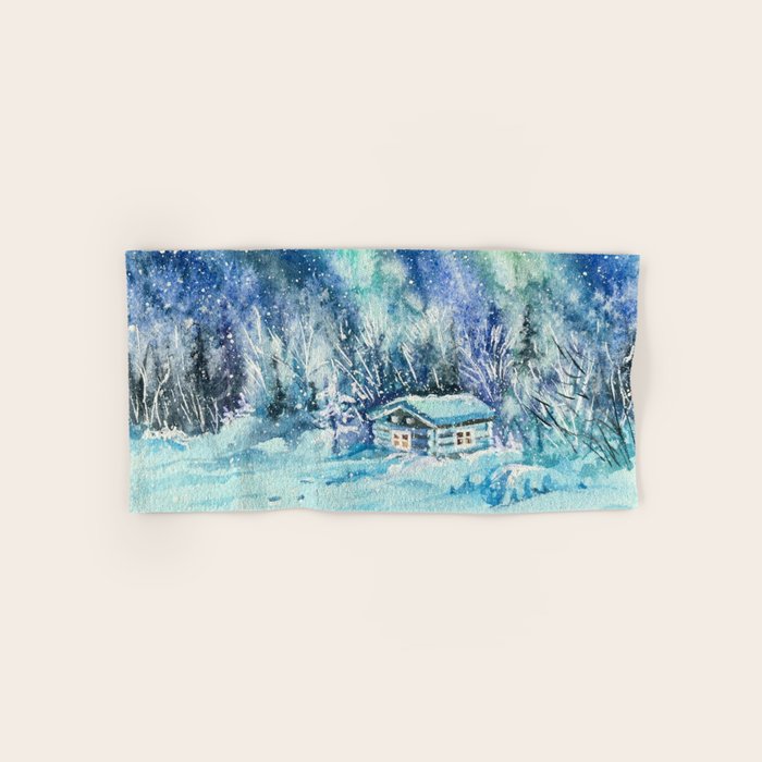 Magical Log Cabin Snowy Northern Lights Forest Landscape Bath Towel Gallery Image 1
