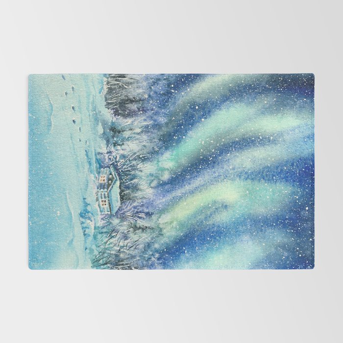 Magical Log Cabin Snowy Northern Lights Forest Landscape Rug Gallery Image 2