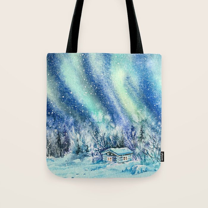 Magical Log Cabin Snowy Northern Lights Forest Landscape Tote Bag Gallery Image 1