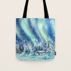 Magical Log Cabin Snowy Northern Lights Forest Landscape Tote Bag Gallery Image 1