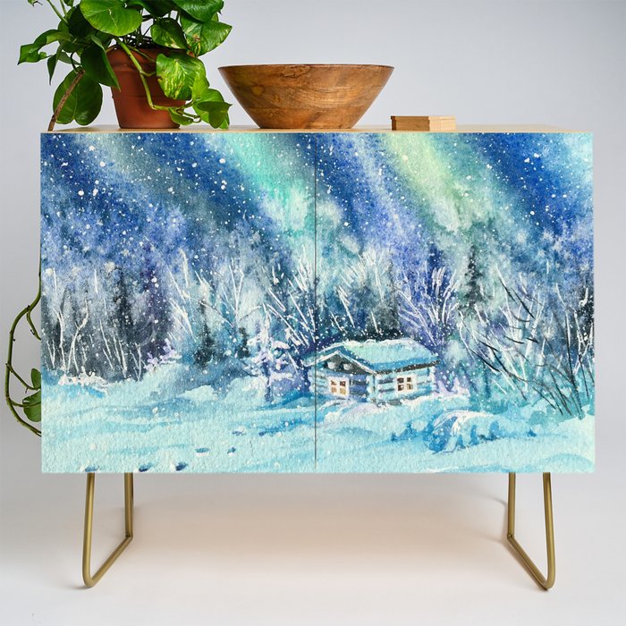 Magical Log Cabin Snowy Northern Lights Forest Landscape Credenza Gallery Image 1