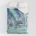 Magical Log Cabin Snowy Northern Lights Forest Landscape Duvet Cover Gallery Image 6