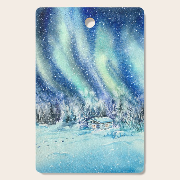 Magical Log Cabin Snowy Northern Lights Forest Landscape Cutting Board Gallery Image 1