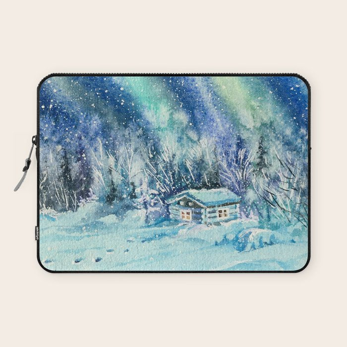 Magical Log Cabin Snowy Northern Lights Forest Landscape Laptop Sleeve Gallery Image 1
