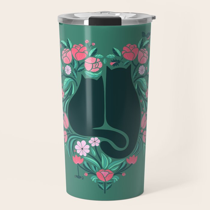 I Heart Cats and Flowers (in Green) Travel Mug Gallery Image 1