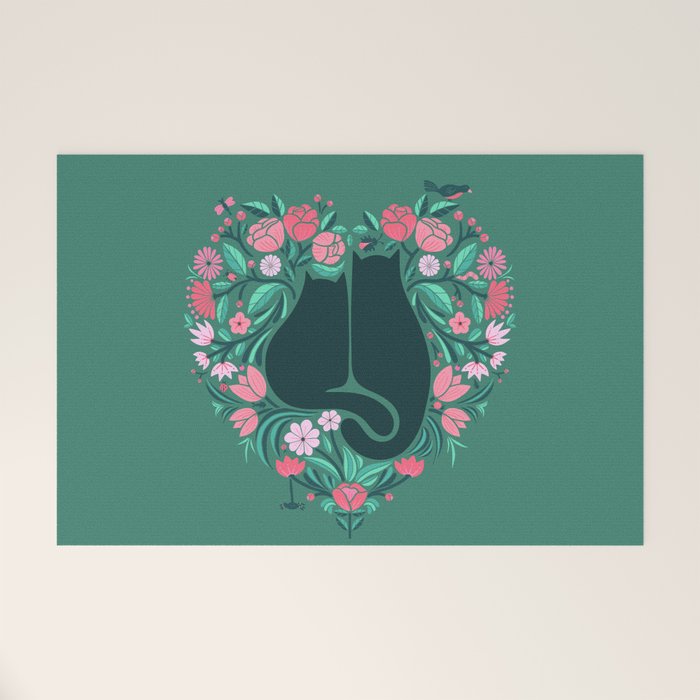 I Heart Cats and Flowers (in Green) Welcome Mat Gallery Image 1