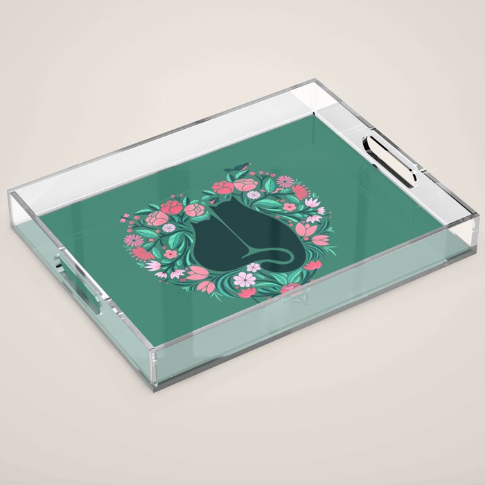I Heart Cats and Flowers (in Green) Acrylic Tray Gallery Image 1