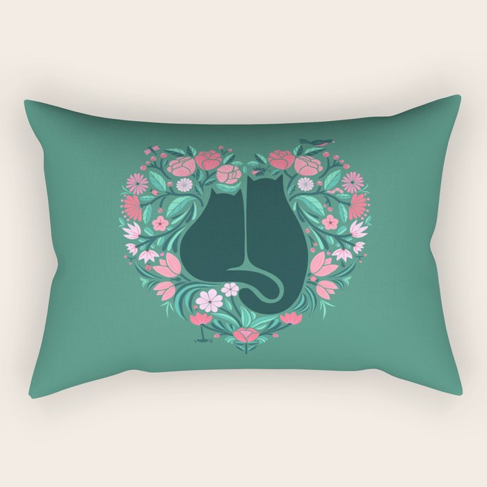 I Heart Cats and Flowers (in Green) Rectangular Pillow Gallery Image 1
