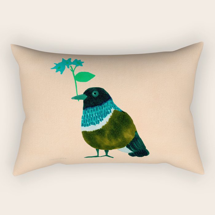 Flower Giving Bird - Green and Pink Rectangular Pillow Gallery Image 1