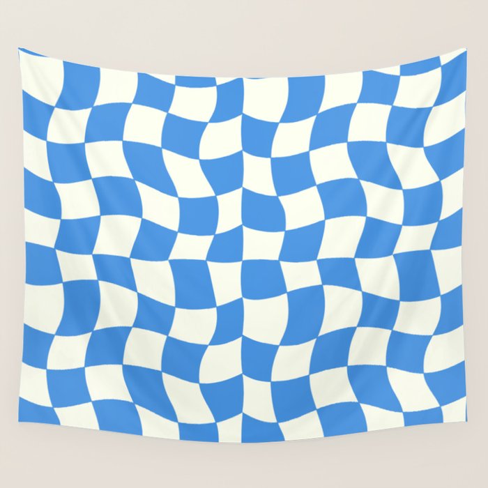 Ocean Blue Wavy Checkerboard  Wall Tapestry Gallery Image 4