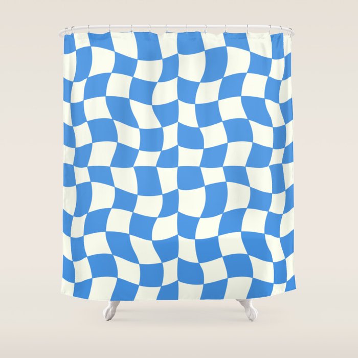 Ocean Blue Wavy Checkerboard  Shower Curtain Gallery Image 1