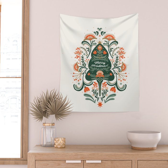 Nordic Christmas tree with red flowers and Scandinavian ornaments  Wall Tapestry Gallery Image 2