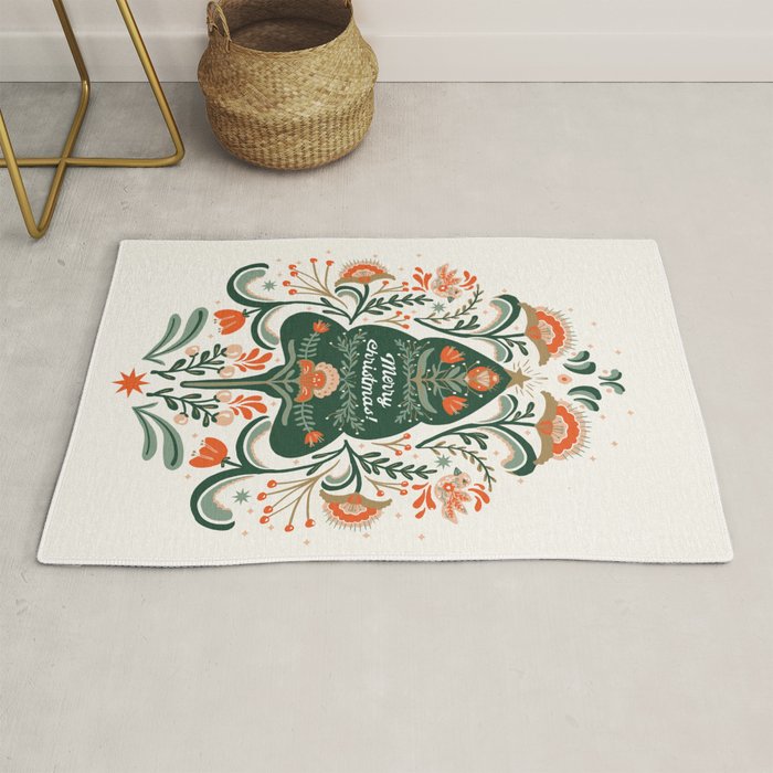 Nordic Christmas tree with red flowers and Scandinavian ornaments  Rug Gallery Image 1