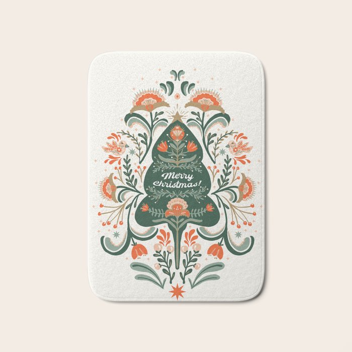 Nordic Christmas tree with red flowers and Scandinavian ornaments  Bath Mat Gallery Image 1