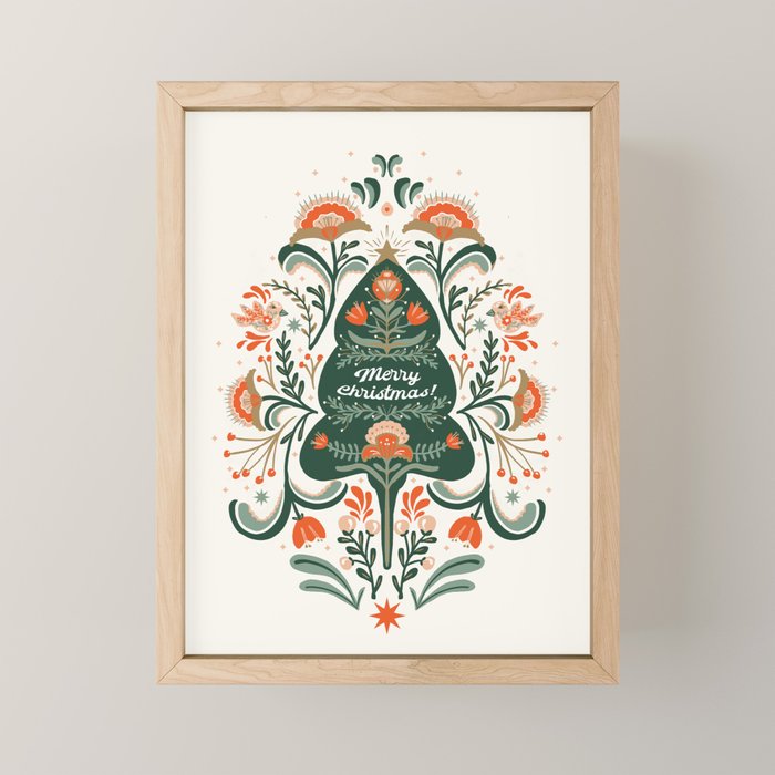 Nordic Christmas tree with red flowers and Scandinavian ornaments  Mini Art Print Gallery Image 1