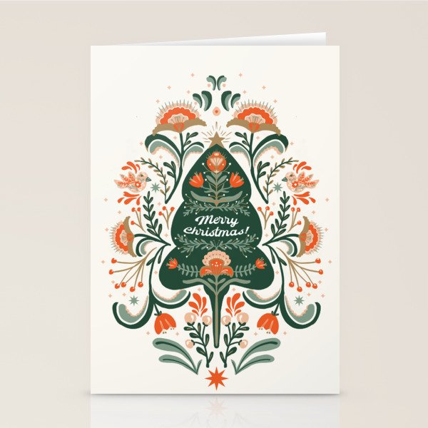 Nordic Christmas tree with red flowers and Scandinavian ornaments  Stationery Card Gallery Image 2