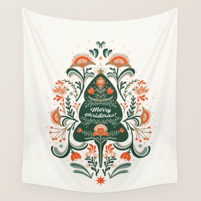Nordic Christmas tree with red flowers and Scandinavian ornaments  Wall Tapestry Gallery Image 4