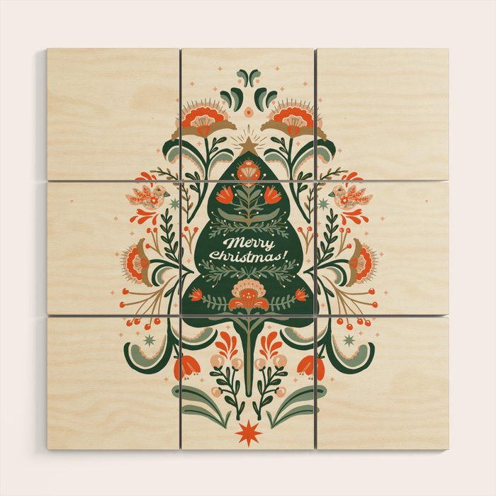 Nordic Christmas tree with red flowers and Scandinavian ornaments  Wood Wall Art Gallery Image 1