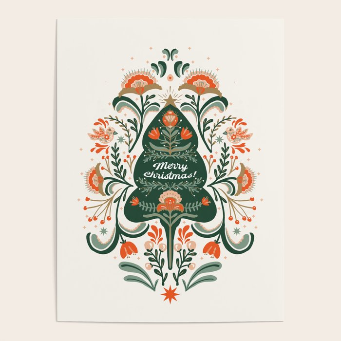 Nordic Christmas tree with red flowers and Scandinavian ornaments  Poster Gallery Image 1
