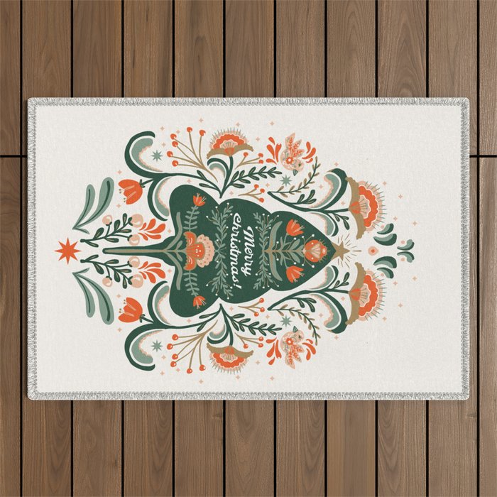 Nordic Christmas tree with red flowers and Scandinavian ornaments  Outdoor Rug Gallery Image 1