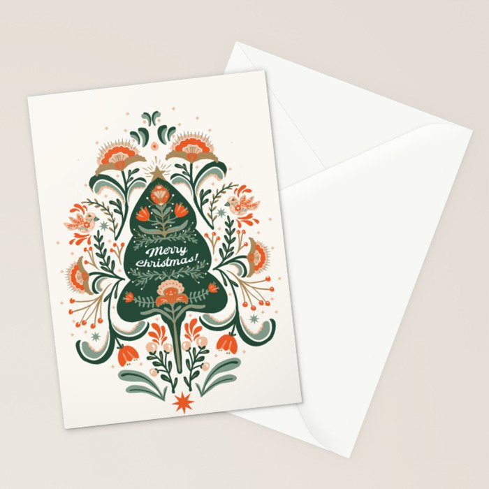 Nordic Christmas tree with red flowers and Scandinavian ornaments  Stationery Card Gallery Image 2