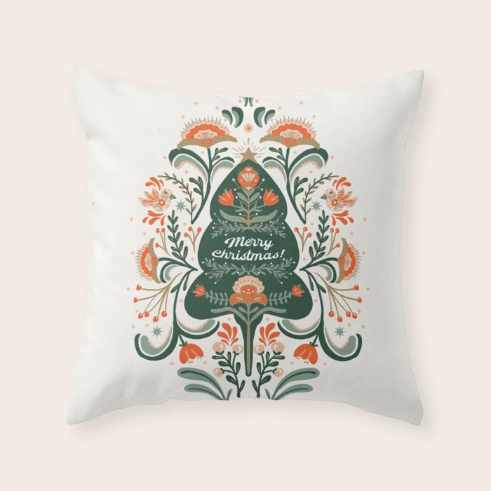 Nordic Christmas tree with red flowers and Scandinavian ornaments  Throw Pillow Gallery Image 1