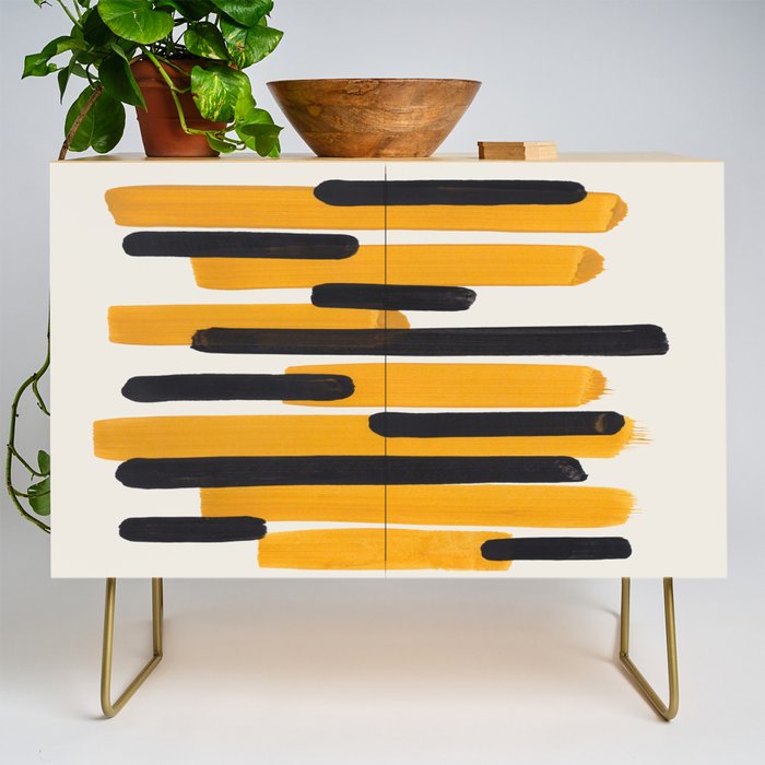 Mid Century Modern Abstract Painting Antique Yellow Black Bumble Bee Stripes Credenza Gallery Image 1