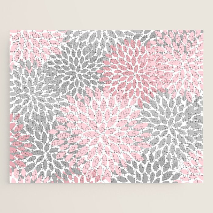 Festive, Floral Prints, Pink, Gray, White Jigsaw Puzzle Gallery Image 1