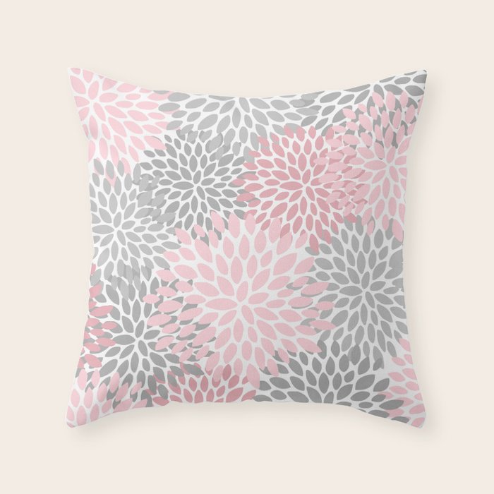 Festive, Floral Prints, Pink, Gray, White Throw Pillow Gallery Image 6