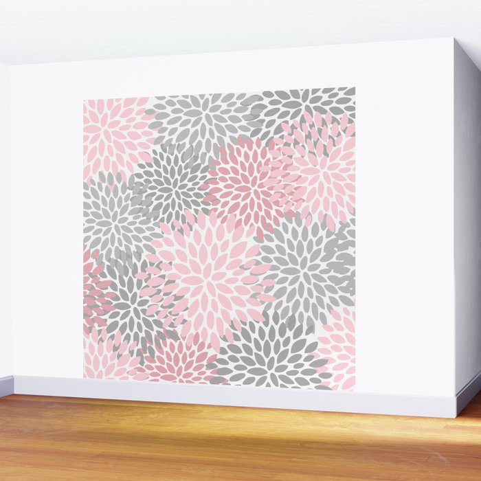 Festive, Floral Prints, Pink, Gray, White Wall Mural Gallery Image 2