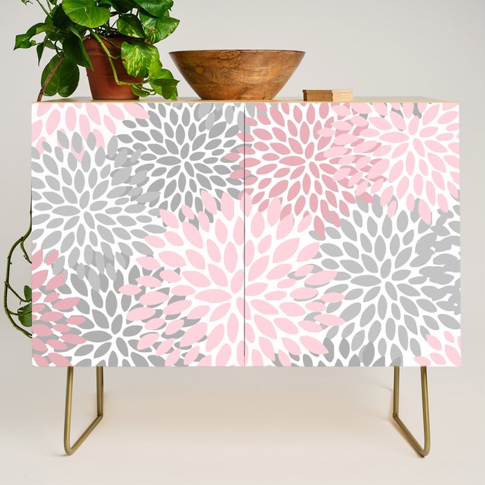 Festive, Floral Prints, Pink, Gray, White Credenza Gallery Image 1