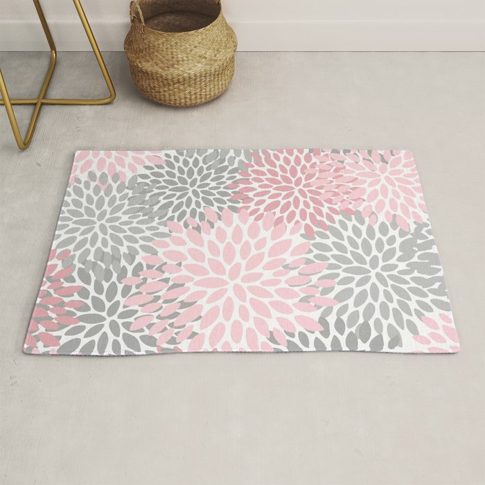 Festive, Floral Prints, Pink, Gray, White Rug Gallery Image 1