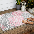 Festive, Floral Prints, Pink, Gray, White Outdoor Rug Gallery Image 2